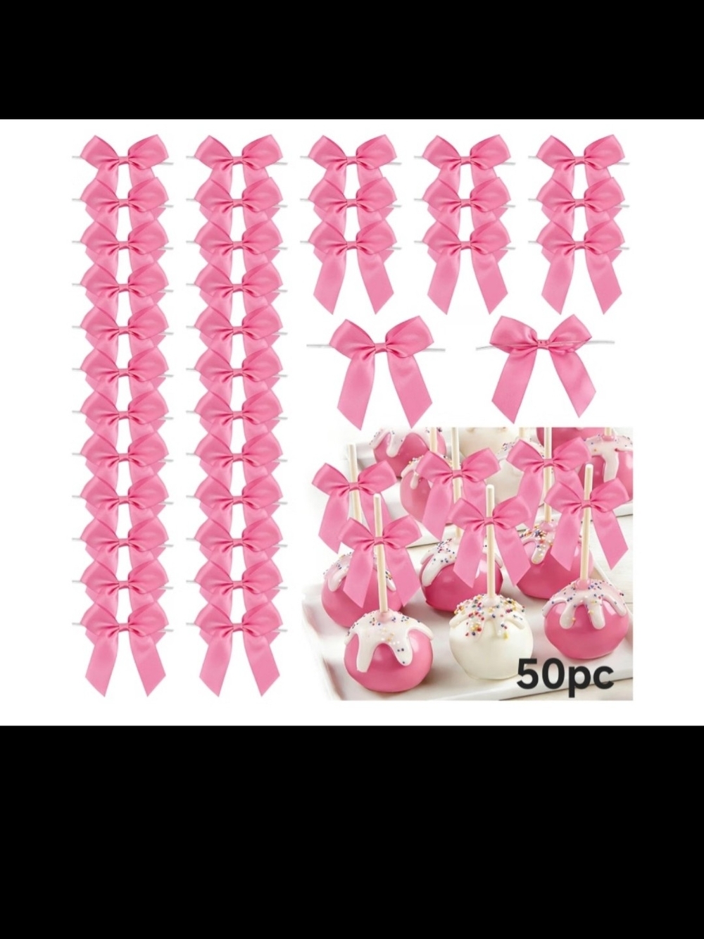 Pink Satin Party Bow Set for Cake Pops and Gifts - 50 Pack